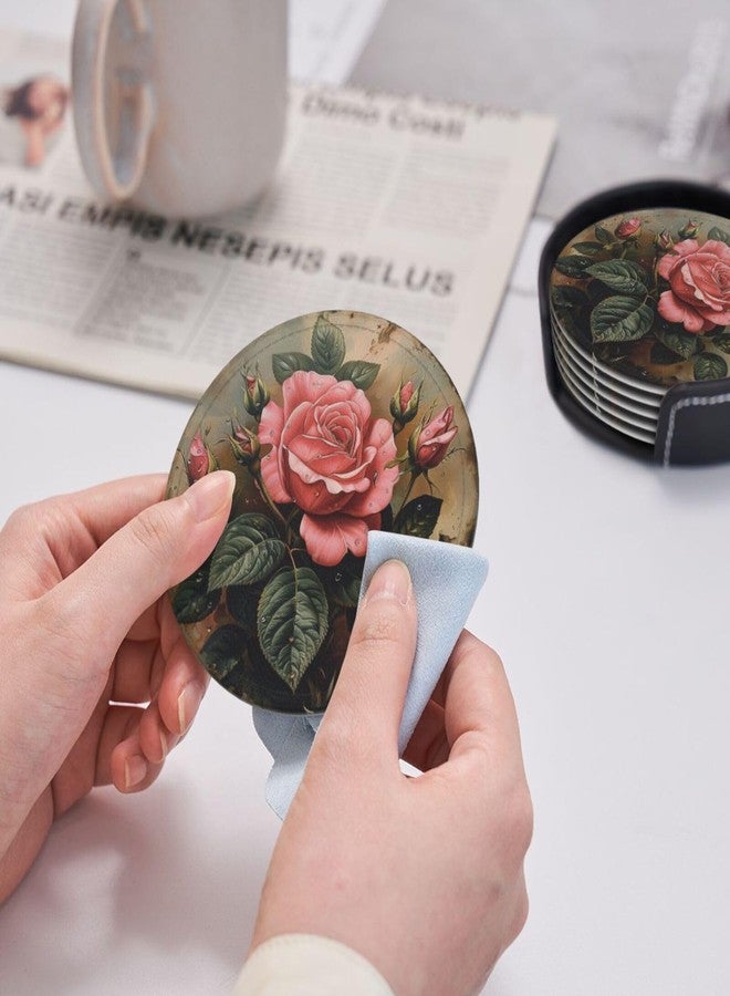 KKRMTUG Rose Coasters for Drinks with Holder Leather Coasters Set of 6 Flower Pattern Drink Coasters Sets for Living Room Kitchen Coffee Bar Table Decor - Image 4